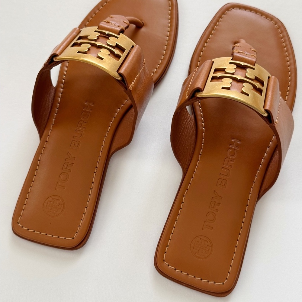 NWT Tory Burch Georgia Calf Leather Sandals, Aged Camello /Gold - Picture 9 of 16